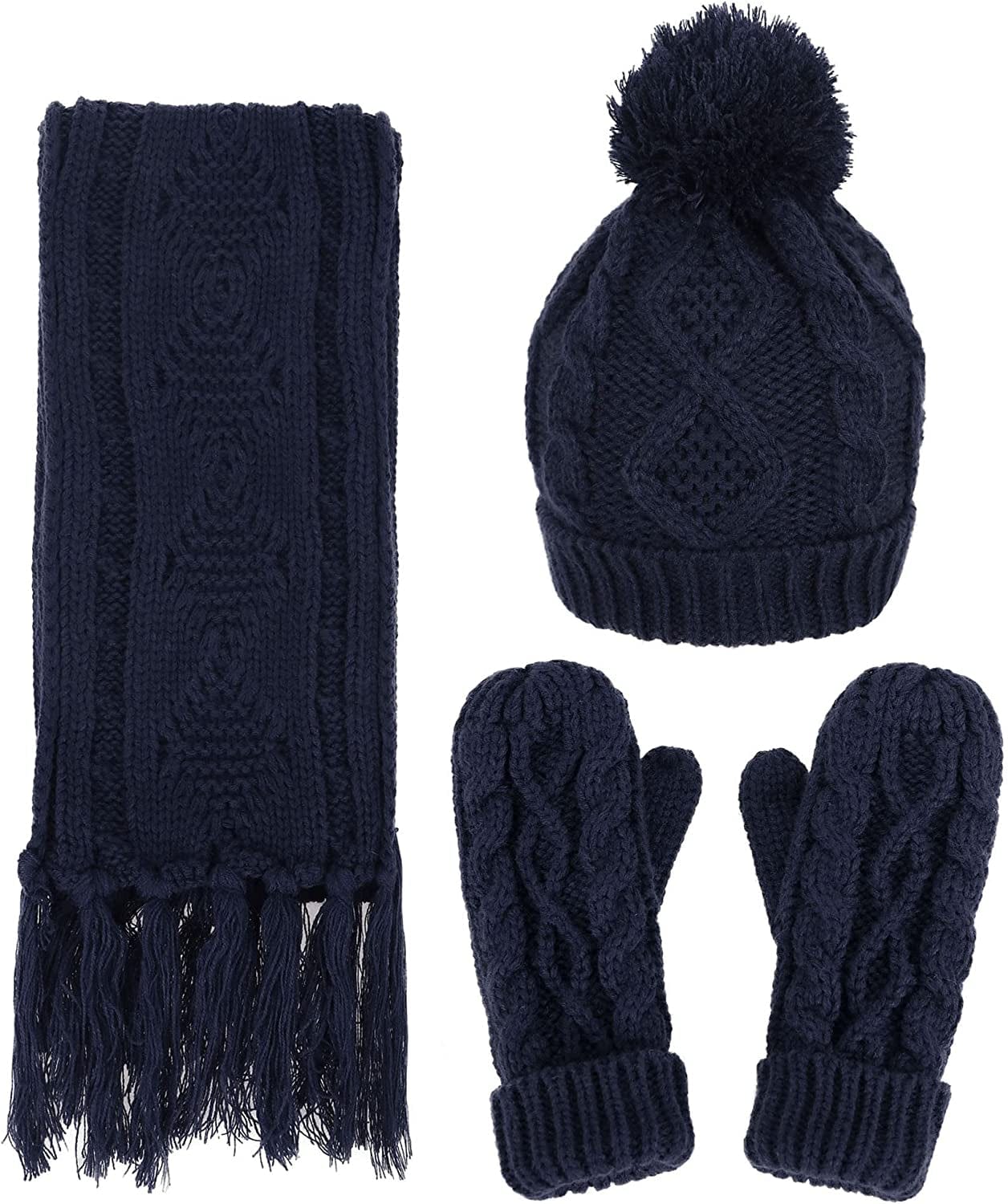 ANDORRA 3 in 1 Women Soft Warm Thick Cable Knitted Hat Scarf & Gloves Winter Set Apparel & Accessories > Clothing Accessories > Gloves & Mittens ANDORRA Navy