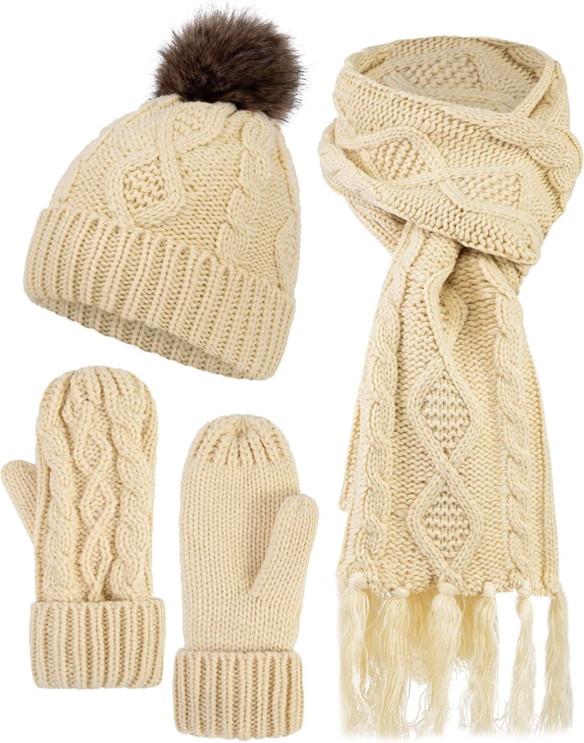 ANDORRA 3 in 1 Women Soft Warm Thick Cable Knitted Hat Scarf & Gloves Winter Set Apparel & Accessories > Clothing Accessories > Gloves & Mittens ANDORRA Beige W/Coffee Ball