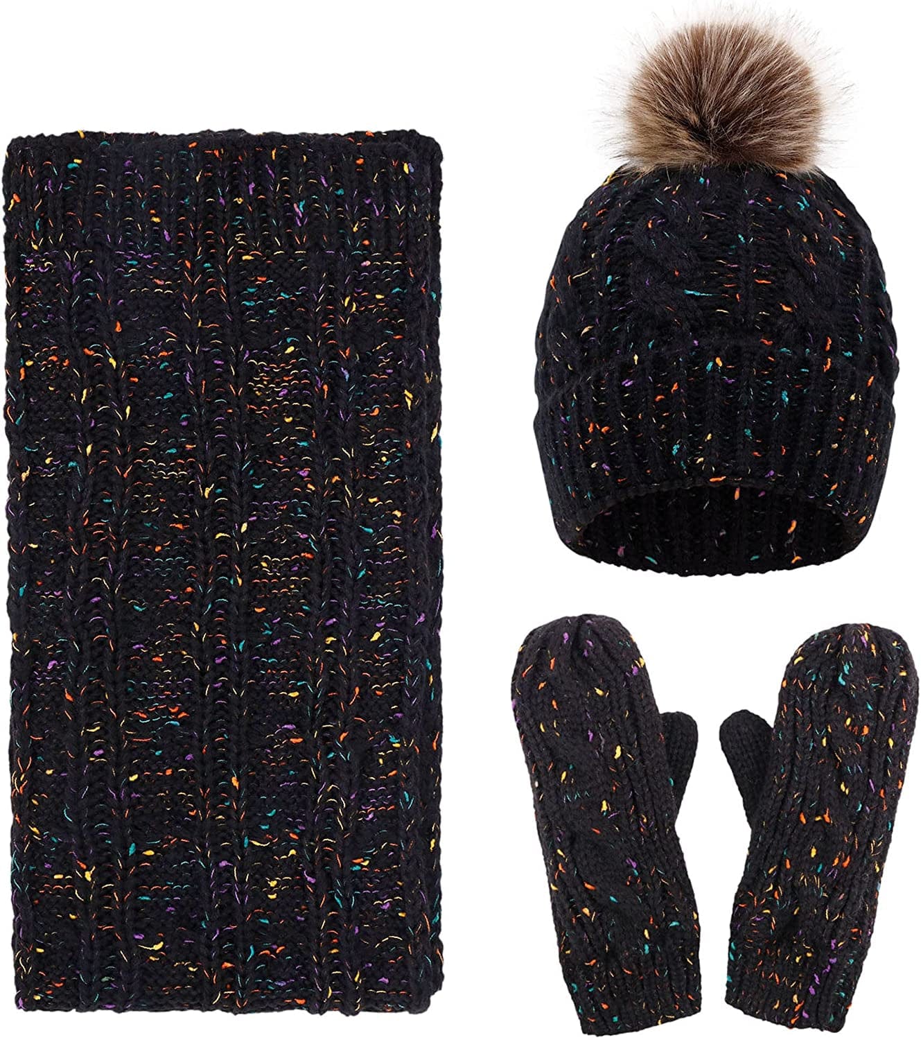 ANDORRA 3 in 1 Women Soft Warm Thick Cable Knitted Hat Scarf & Gloves Winter Set Apparel & Accessories > Clothing Accessories > Gloves & Mittens ANDORRA Mix Black