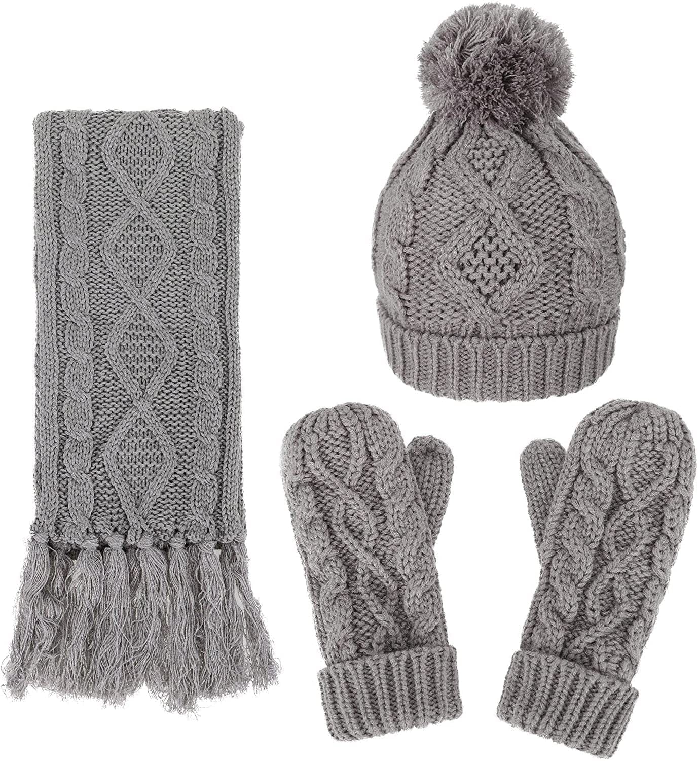 ANDORRA 3 in 1 Women Soft Warm Thick Cable Knitted Hat Scarf & Gloves Winter Set Apparel & Accessories > Clothing Accessories > Gloves & Mittens ANDORRA Grey