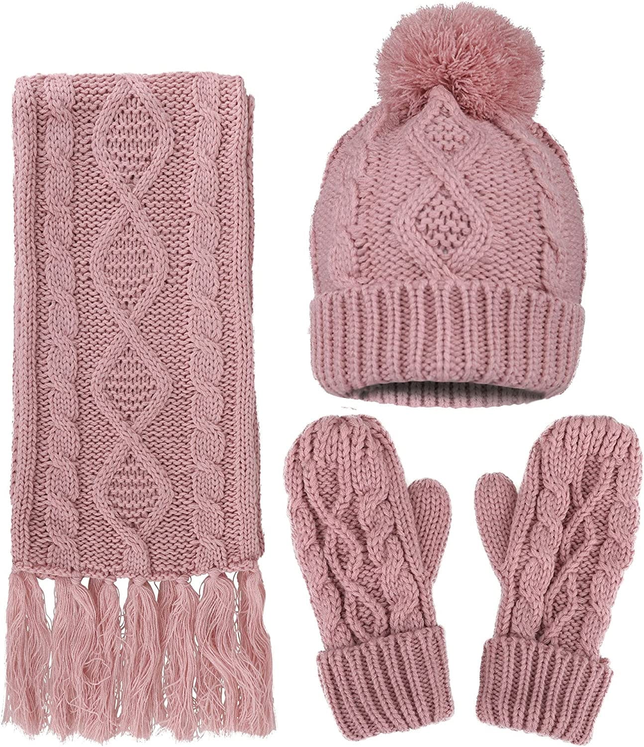 ANDORRA 3 in 1 Women Soft Warm Thick Cable Knitted Hat Scarf & Gloves Winter Set Apparel & Accessories > Clothing Accessories > Gloves & Mittens ANDORRA Pink