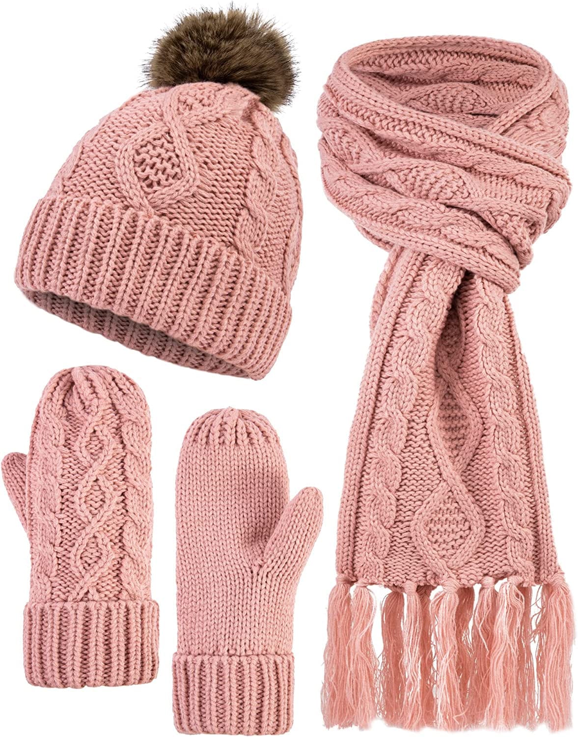 ANDORRA 3 in 1 Women Soft Warm Thick Cable Knitted Hat Scarf & Gloves Winter Set Apparel & Accessories > Clothing Accessories > Gloves & Mittens ANDORRA Pink W/Coffee Ball