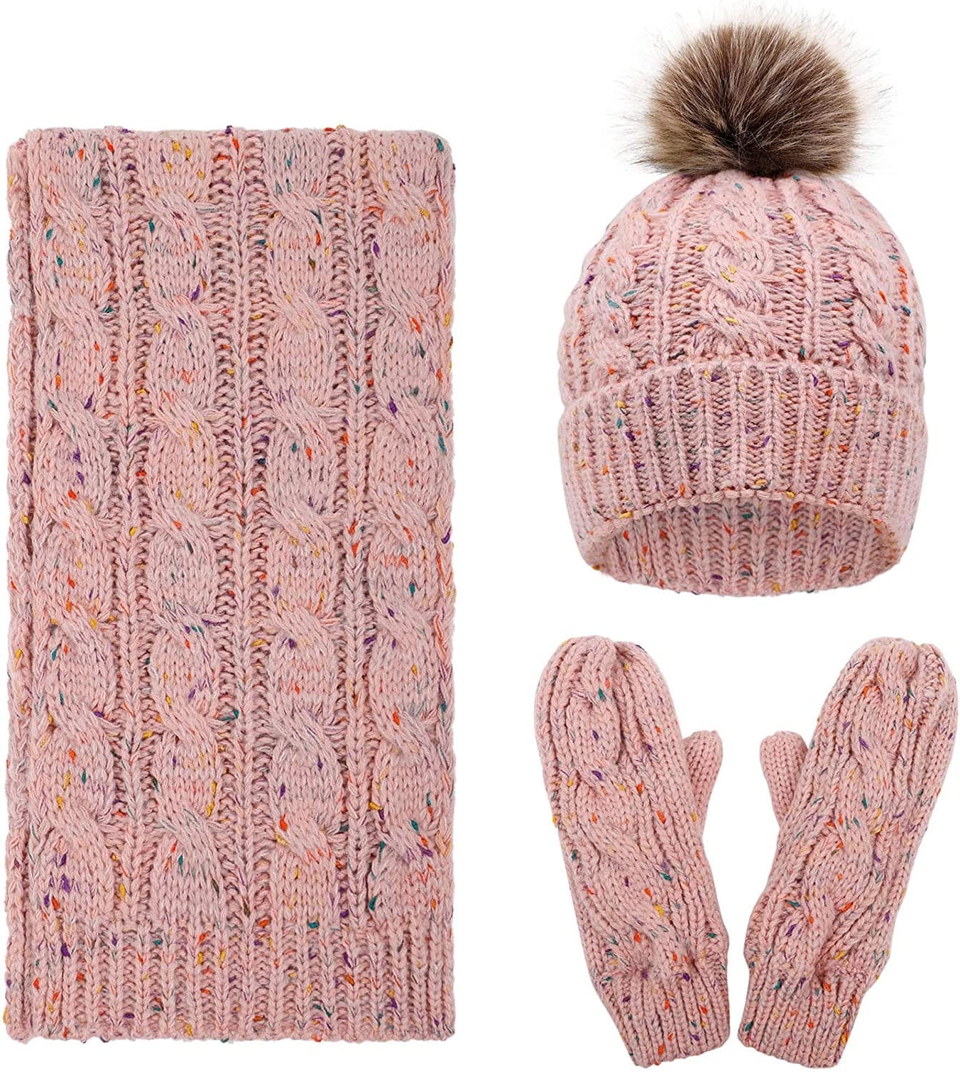 ANDORRA 3 in 1 Women Soft Warm Thick Cable Knitted Hat Scarf & Gloves Winter Set Apparel & Accessories > Clothing Accessories > Gloves & Mittens ANDORRA Mix Pink