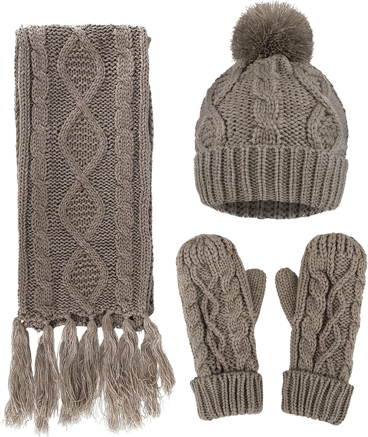 ANDORRA 3 in 1 Women Soft Warm Thick Cable Knitted Hat Scarf & Gloves Winter Set Apparel & Accessories > Clothing Accessories > Gloves & Mittens ANDORRA Khaki