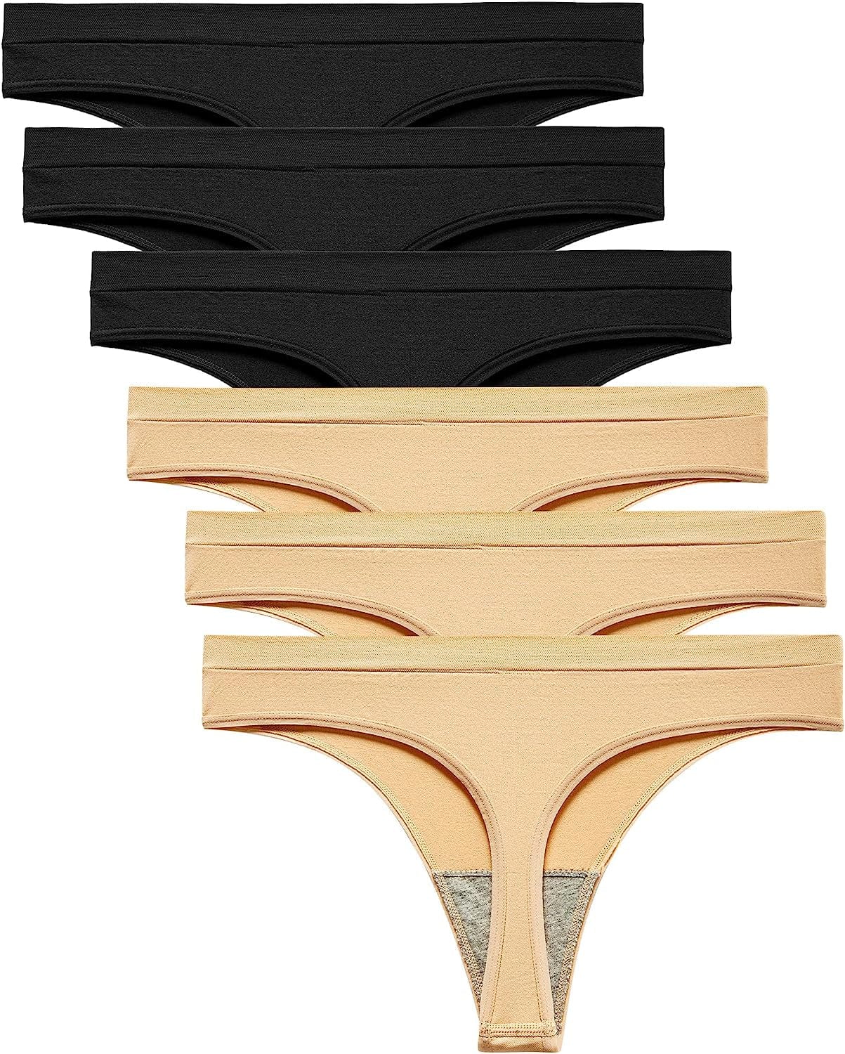 ANEDIT Seamless Thongs for Women Thongs for Women Pack Underwear No Show Breathable Low Waist Thongs Panties T-Back 6 Pack 6pcs-3black-3skin / Medium