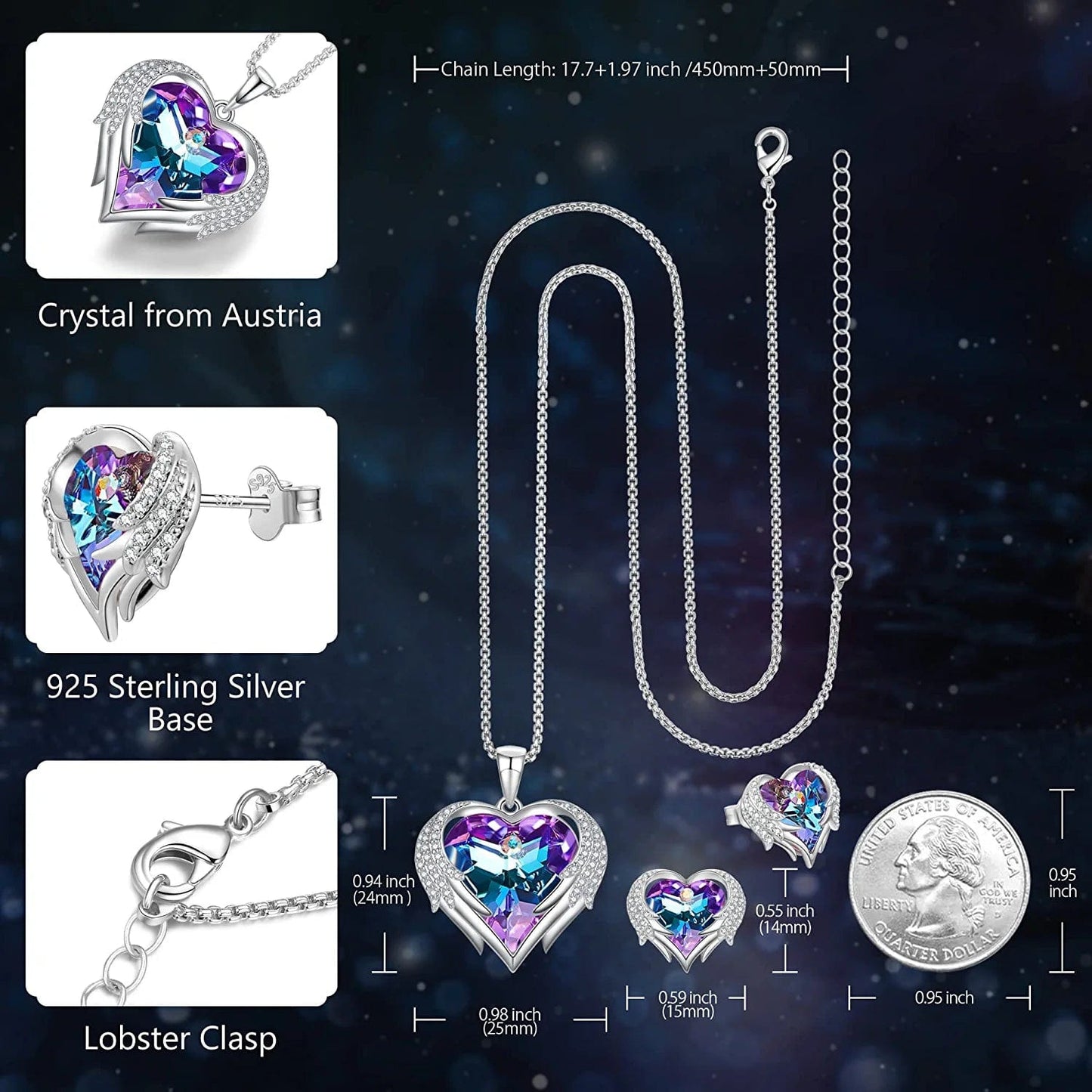 Angel Wing Heart Necklaces and Earrings for Women Austria Crystal White Gold Plated Silver Tone 5A Cubic Zirconia Jewelry Set Gifts for Mom Girlfriend Wife Girls Her
