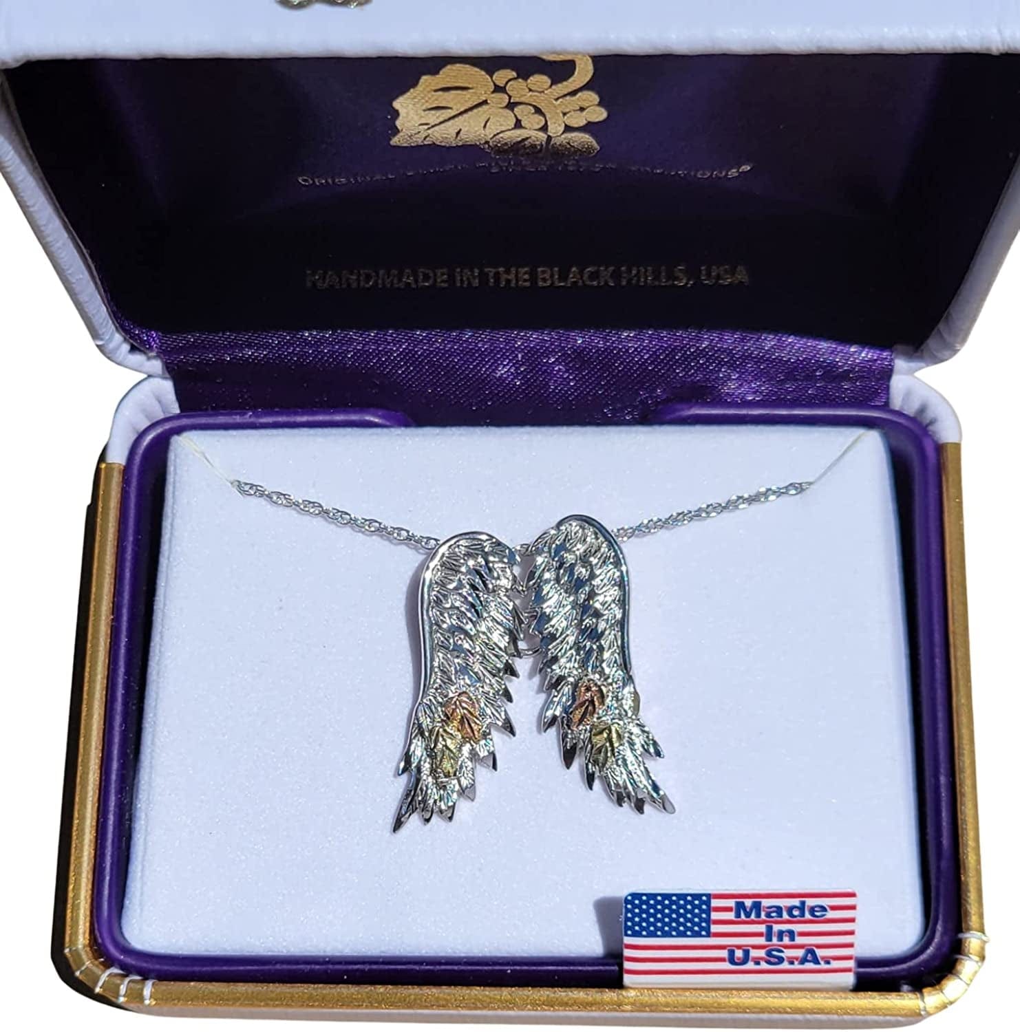 Angel Wings Pendant Necklace, Sterling Silver, 12K Pink and Green Black Hills Gold 18 Inches