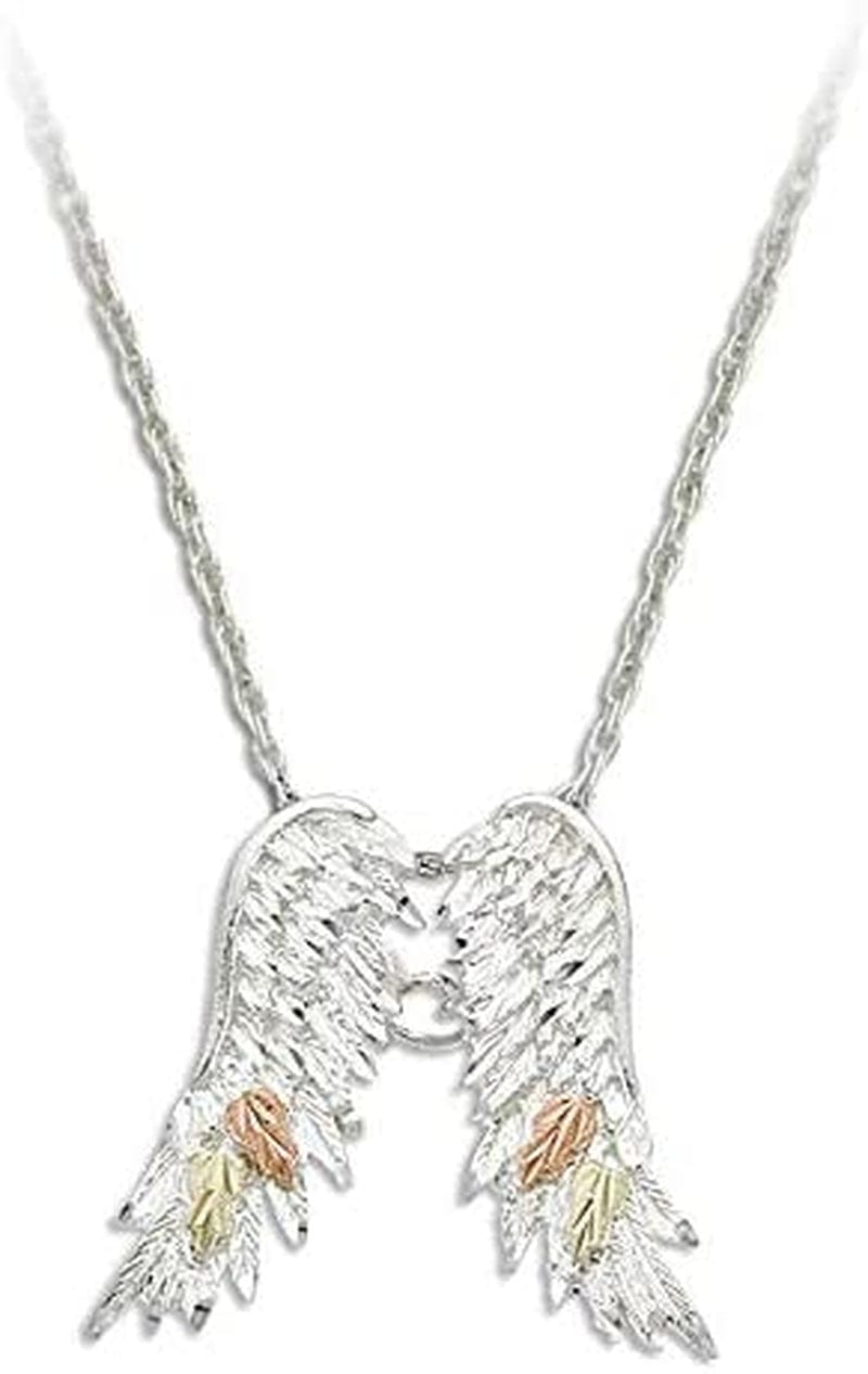 Angel Wings Pendant Necklace, Sterling Silver, 12K Pink and Green Black Hills Gold 18 Inches