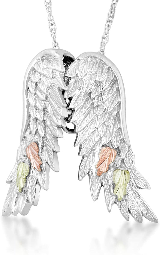 Angel Wings Pendant Necklace, Sterling Silver, 12K Pink and Green Black Hills Gold 18 Inches