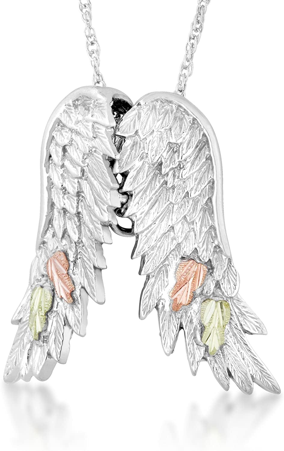 Angel Wings Pendant Necklace, Sterling Silver, 12K Pink and Green Black Hills Gold 18 Inches