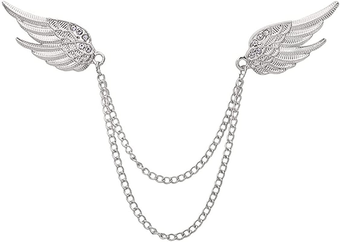Angel Wings Tassel Chain Brooch Collar Pins. Rhinestone Metal Feather Lapel Pin, Suit Coat Breastpin for Women Men'S Accessories Silver2