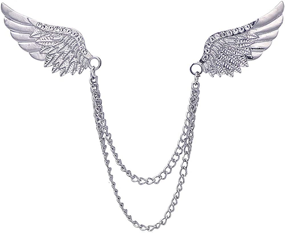 Angel Wings Tassel Chain Brooch Collar Pins. Rhinestone Metal Feather Lapel Pin, Suit Coat Breastpin for Women Men'S Accessories Silver