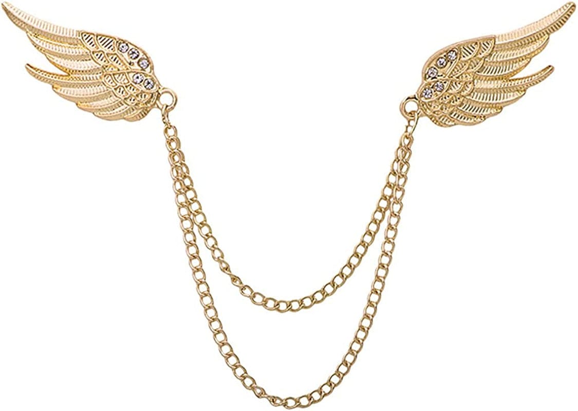 Angel Wings Tassel Chain Brooch Collar Pins. Rhinestone Metal Feather Lapel Pin, Suit Coat Breastpin for Women Men'S Accessories Gold 2