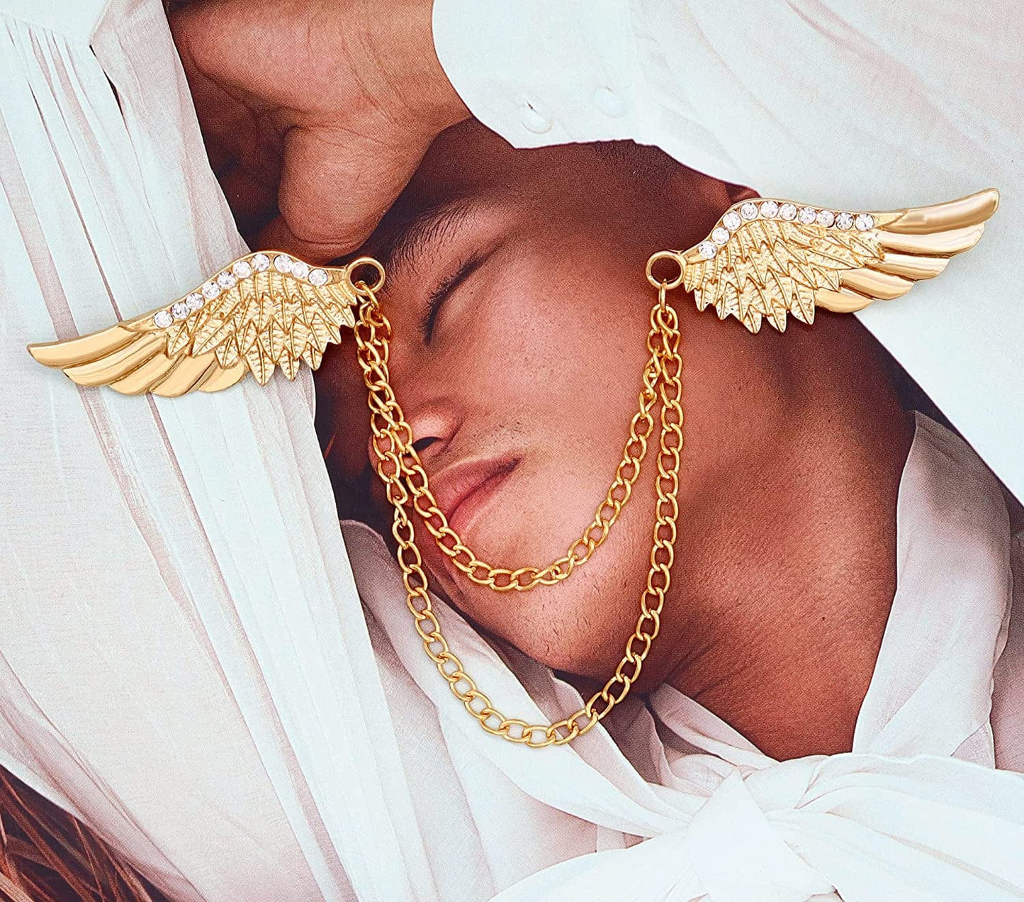 Angel Wings Tassel Chain Brooch Collar Pins. Rhinestone Metal Feather Lapel Pin, Suit Coat Breastpin for Women Men'S Accessories