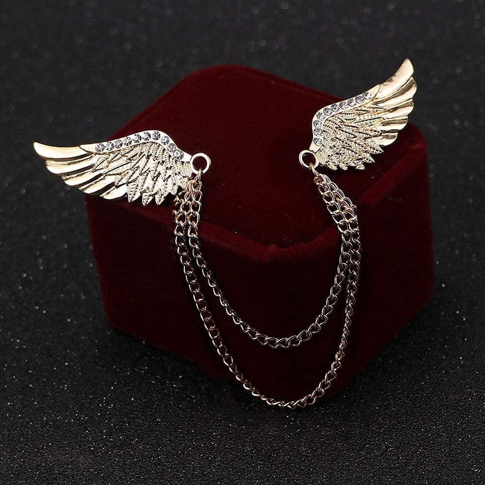 Angel Wings Tassel Chain Brooch Collar Pins. Rhinestone Metal Feather Lapel Pin, Suit Coat Breastpin for Women Men'S Accessories