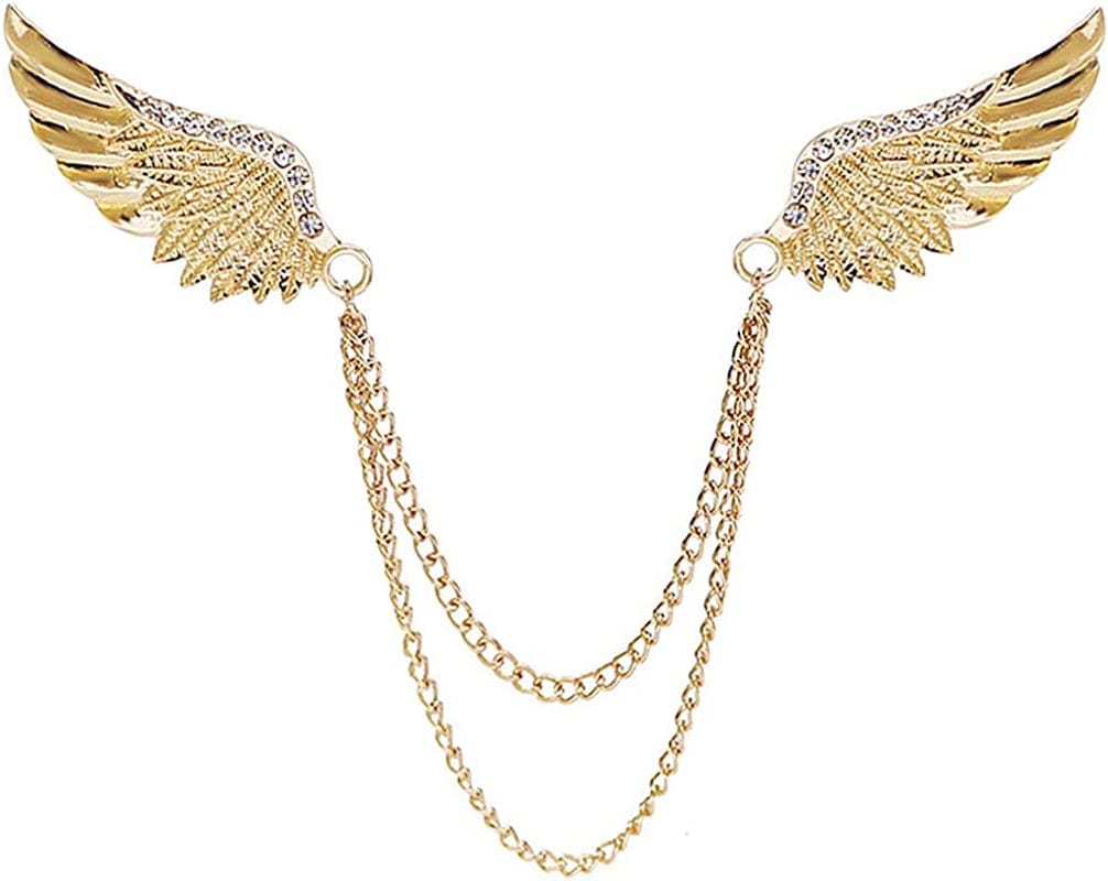 Angel Wings Tassel Chain Brooch Collar Pins. Rhinestone Metal Feather Lapel Pin, Suit Coat Breastpin for Women Men'S Accessories Gold