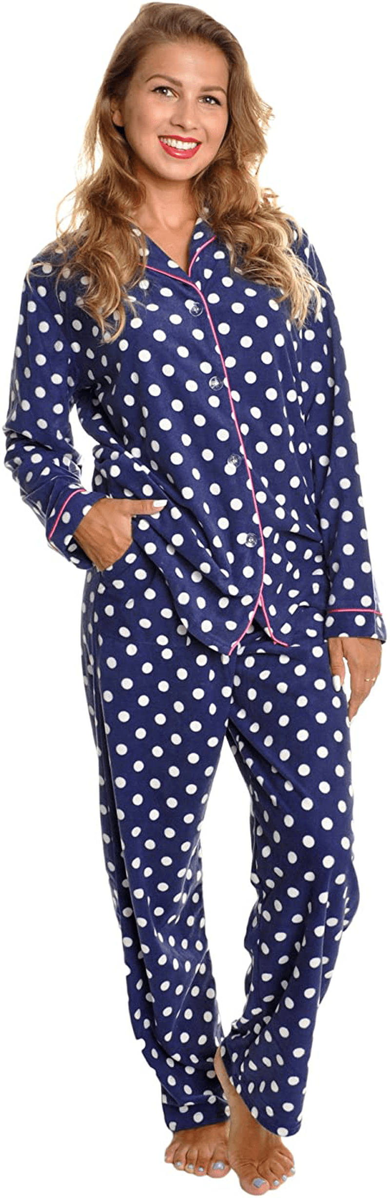 Angelina Women's Cozy Fleece Pajama Set Apparel & Accessories > Clothing > Sleepwear & Loungewear > Pajamas Angelina Blue and White Dots With Pockets on the Pants Large