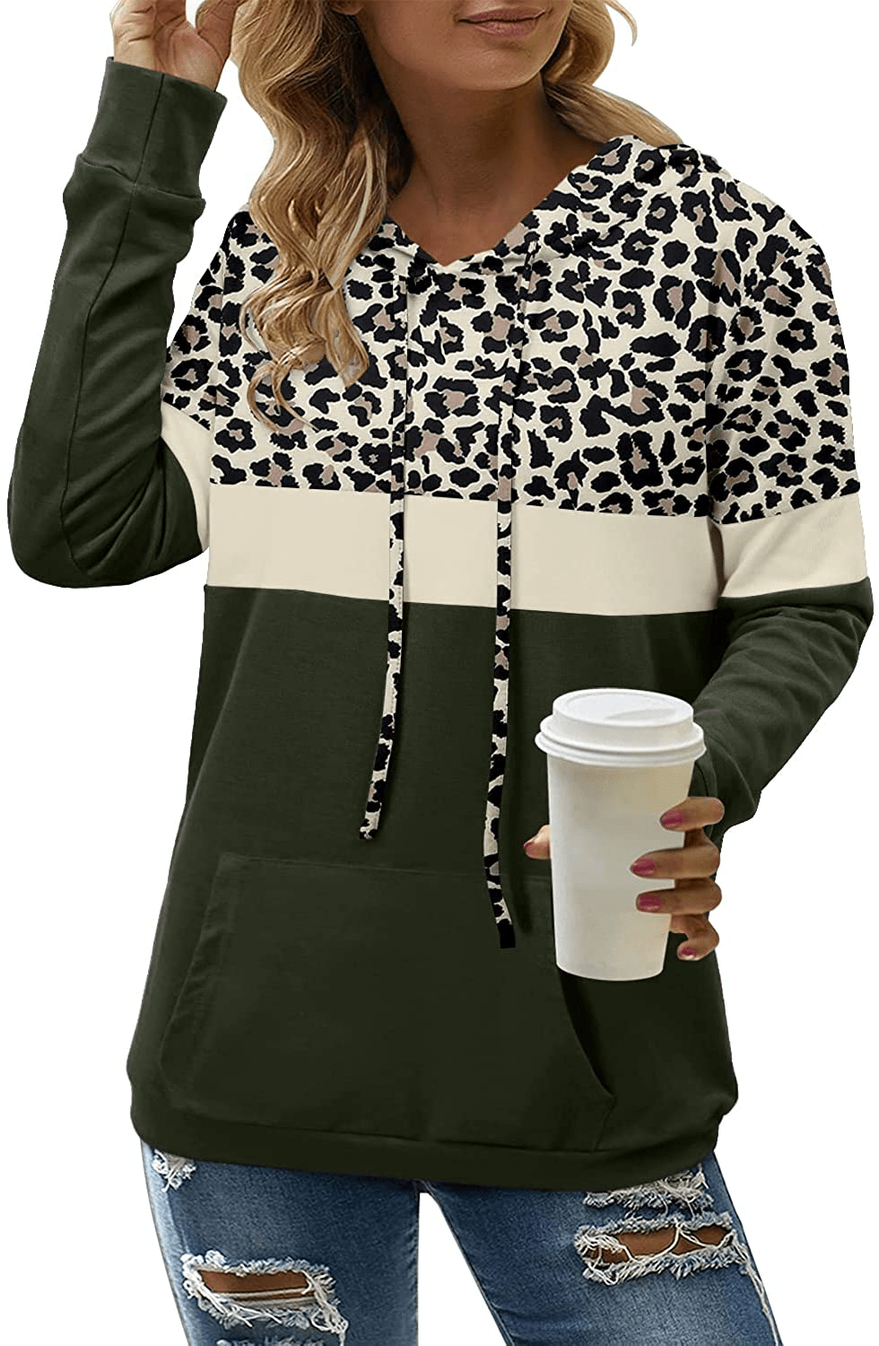 Angerella Hoodies for Women Camo Leopard Print Tops Pullover Hooded Sweatshirt Drawstring with Pocket Apparel & Accessories > Clothing > Activewear Kylie Max