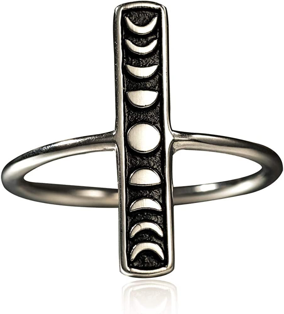 Angol Sterling Silver Rings for Women Vintage Moon Phase Ring S925 Stacking Statement Band Minimalist Finger Ring sterling-silver-vertical / 8