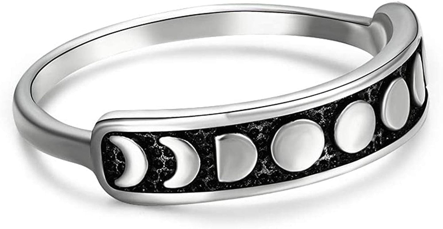 Angol Sterling Silver Rings for Women Vintage Moon Phase Ring S925 Stacking Statement Band Minimalist Finger Ring sterling silver / 8