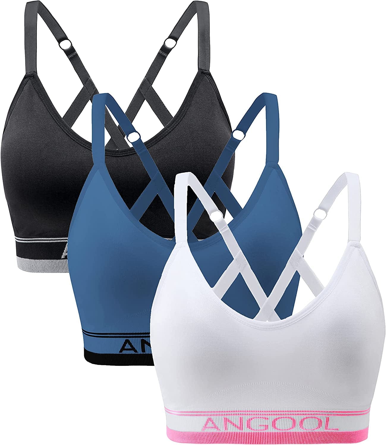 ANGOOL Strappy Sports Bras for Women, Longline Medium Support Yoga Bra Wirefree Padded Sports Bra with Adjustable Straps Black+pink+blue / Medium