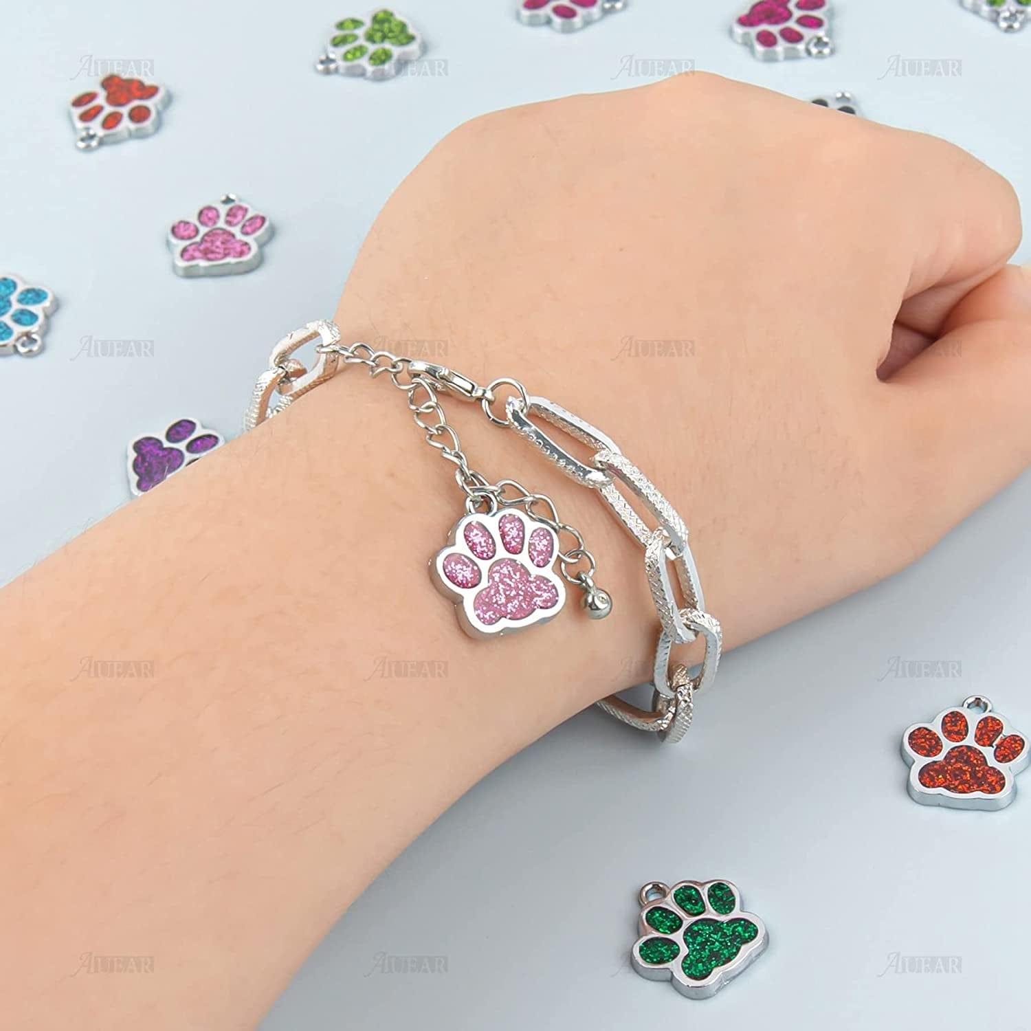 , Animal Dog Cat Paw Print Charms Pendants Crystal Beads Glitter Footprint Snap Button for DIY Necklace Bracelet Jewelry Making (40 Pcs)