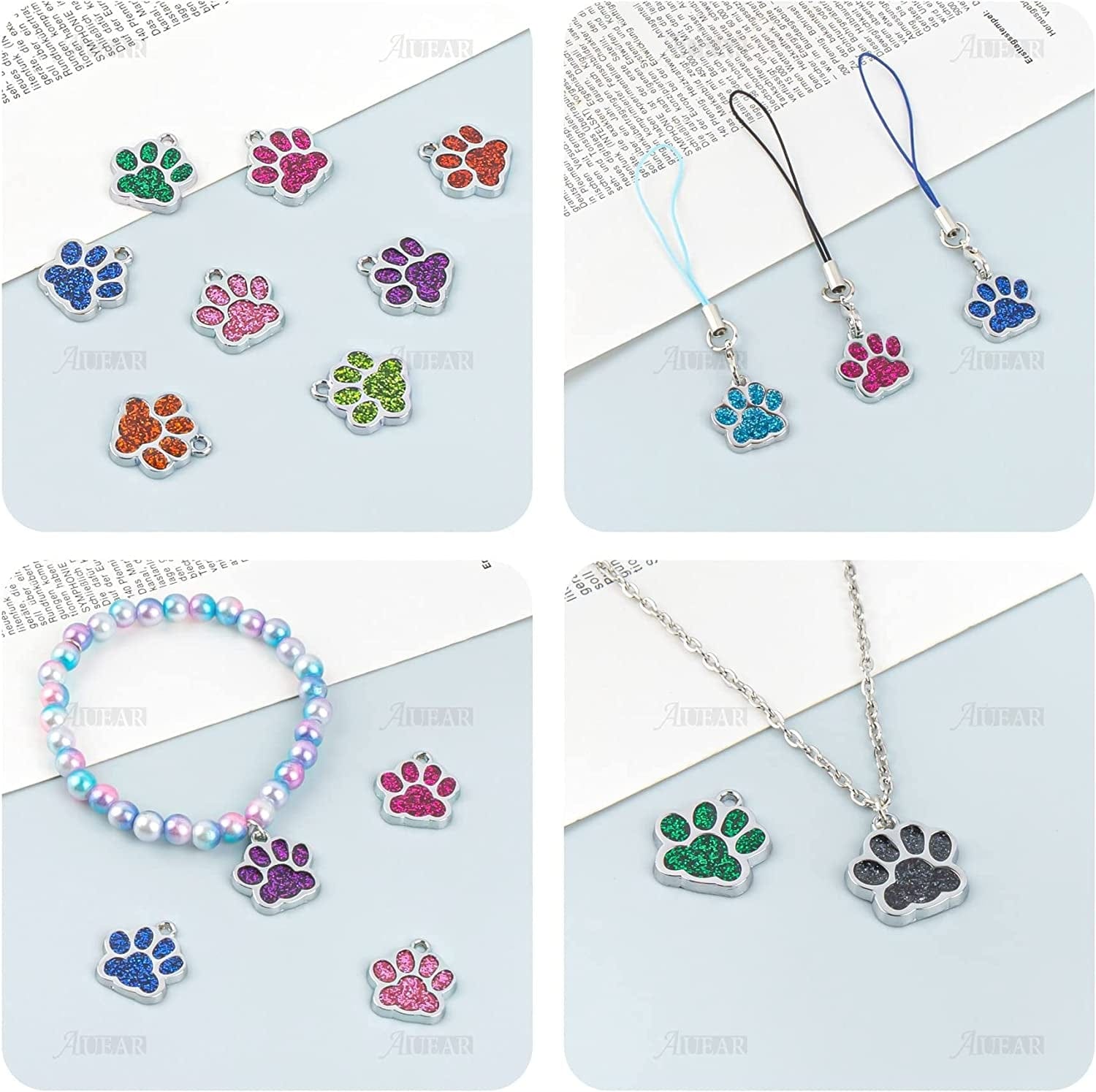 , Animal Dog Cat Paw Print Charms Pendants Crystal Beads Glitter Footprint Snap Button for DIY Necklace Bracelet Jewelry Making (40 Pcs)
