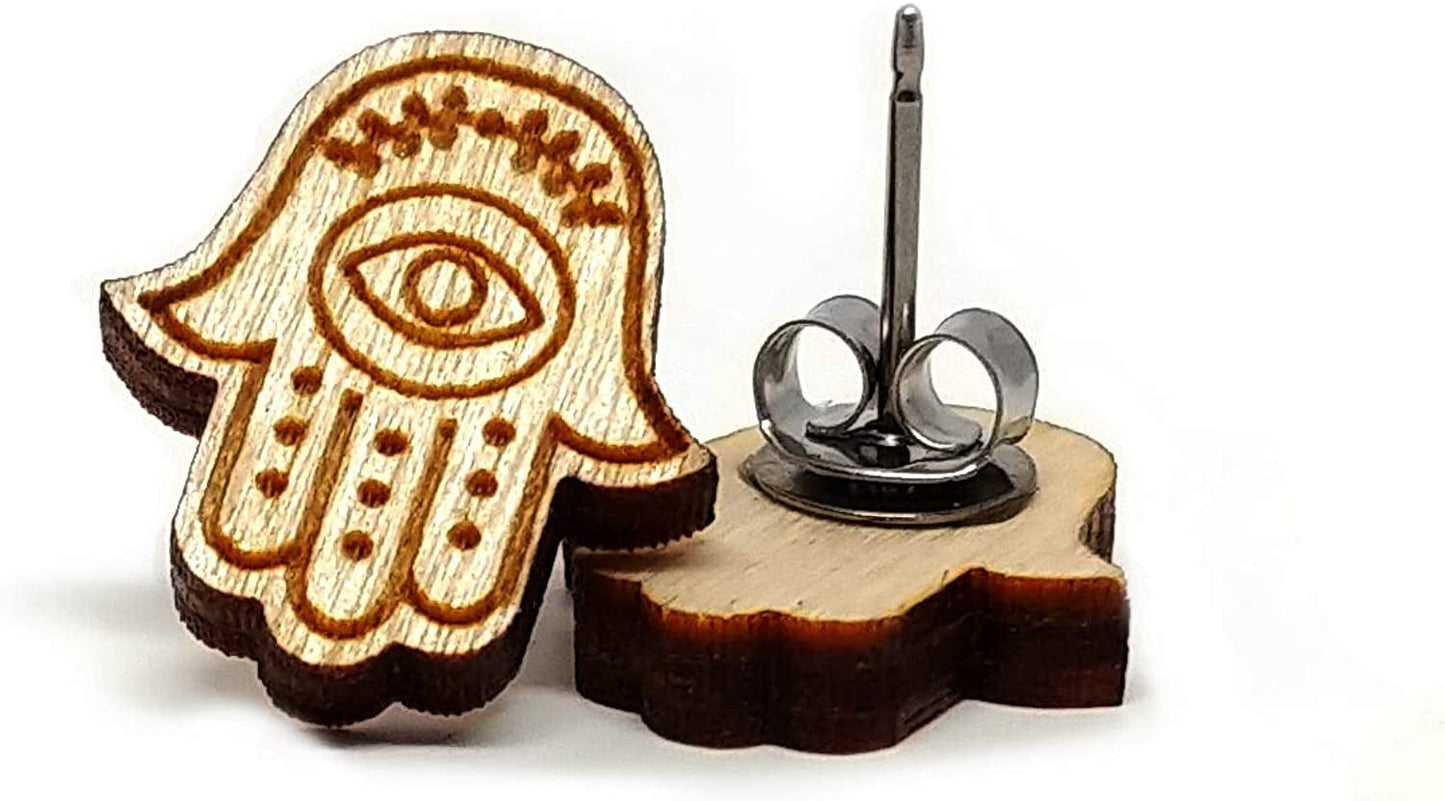 Animal Lover Fun Nature Stud Earrings, Handpainted Laser Cut Wood Earrings, Handmade in the USA by Hamsa Amulet