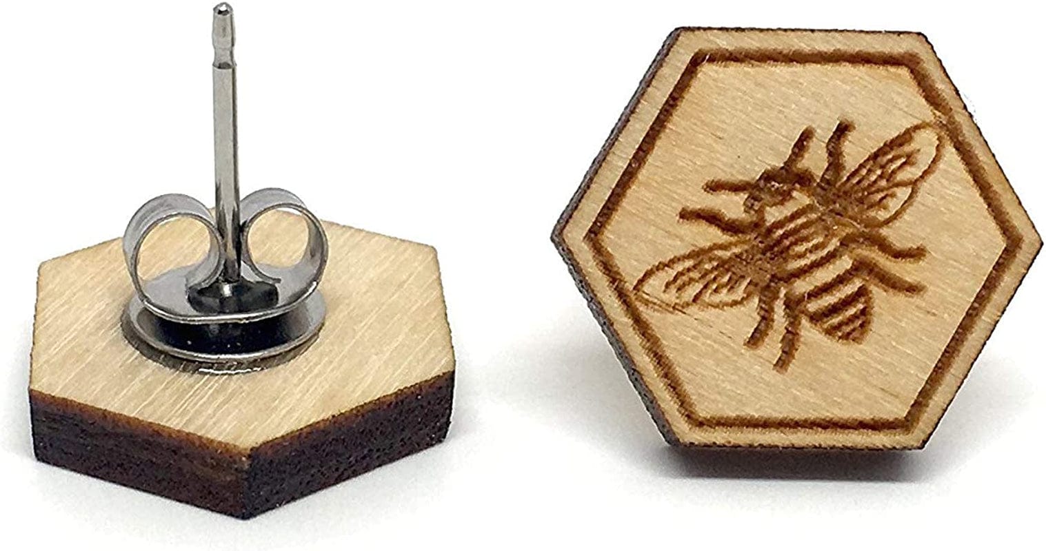 Animal Lover Fun Nature Stud Earrings, Handpainted Laser Cut Wood Earrings, Handmade in the USA by Bee n' Honeycomb (Natural)