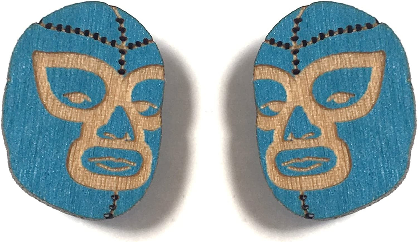 Animal Lover Fun Nature Stud Earrings, Handpainted Laser Cut Wood Earrings, Handmade in the USA by Luchador (Blue)