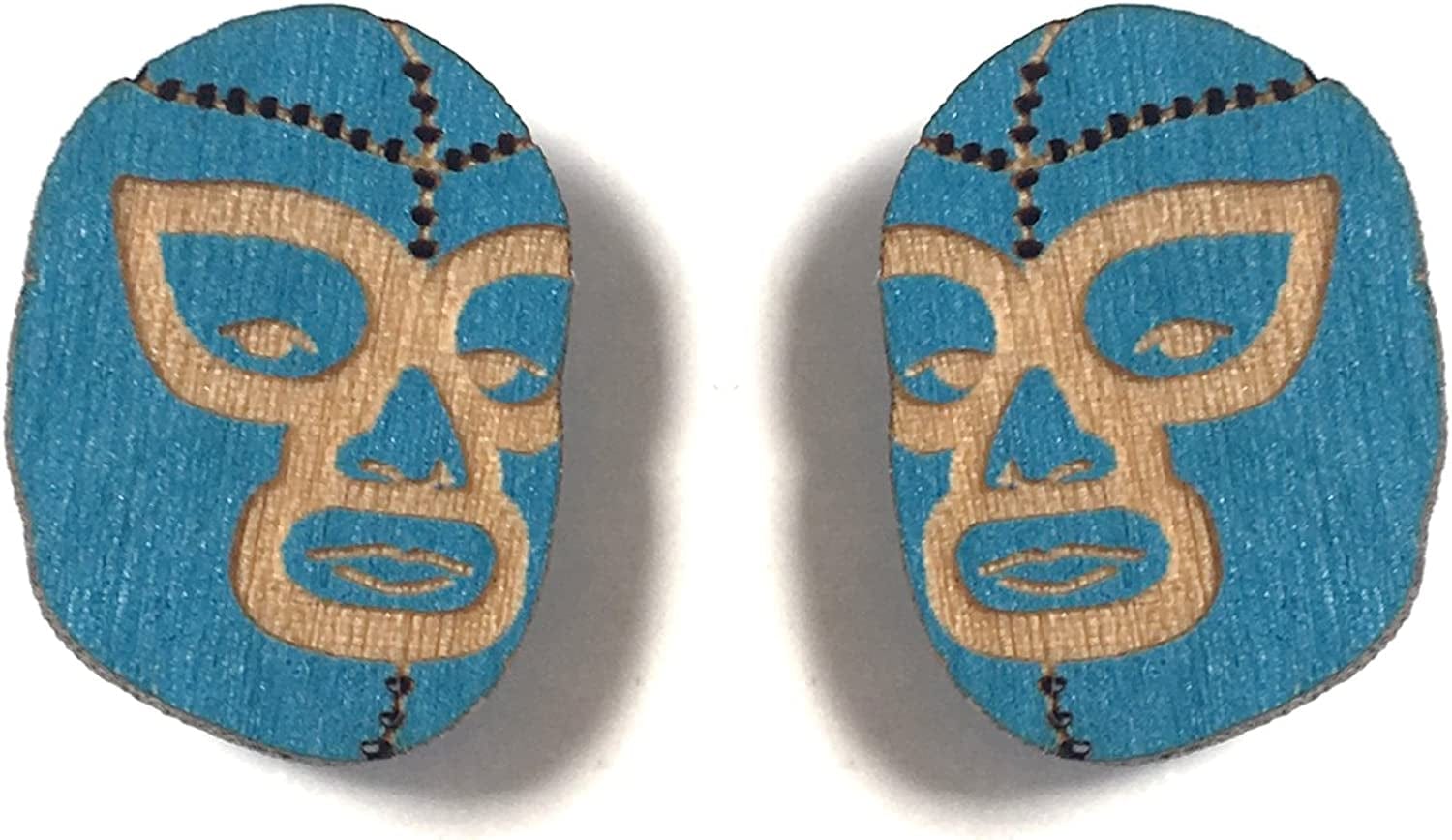 Animal Lover Fun Nature Stud Earrings, Handpainted Laser Cut Wood Earrings, Handmade in the USA by Luchador (Blue)