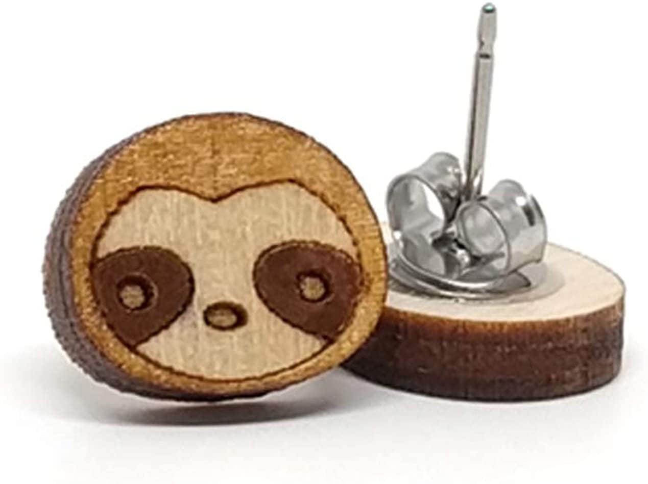 Animal Lover Fun Nature Stud Earrings, Handpainted Laser Cut Wood Earrings, Handmade in the USA by Sloth