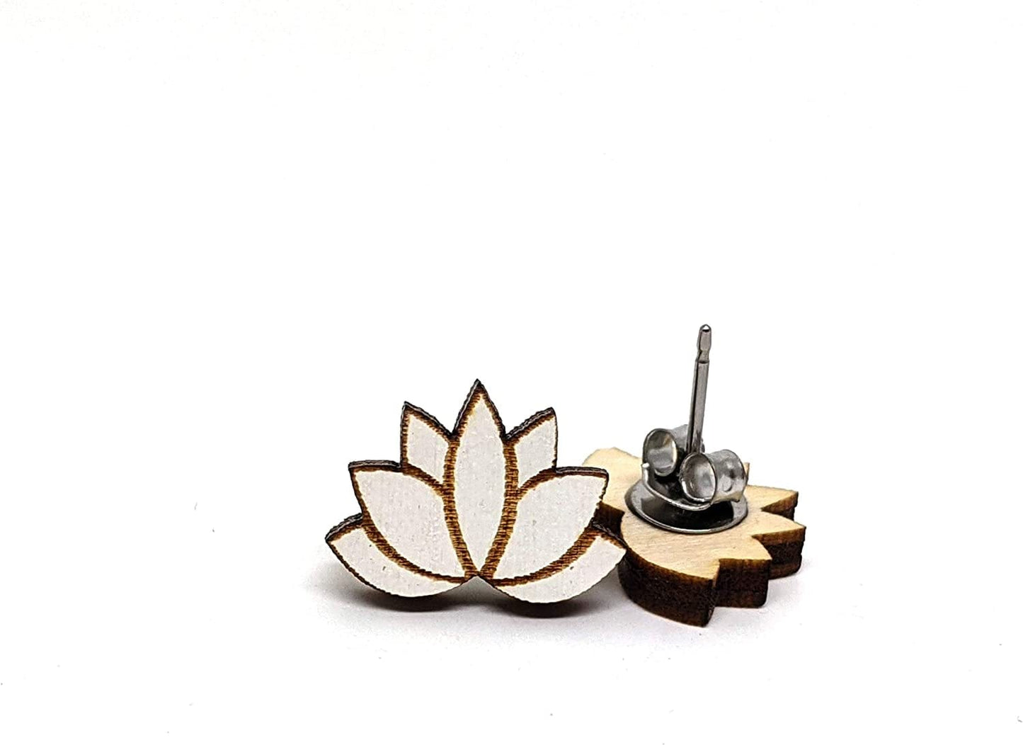 Animal Lover Fun Nature Stud Earrings, Handpainted Laser Cut Wood Earrings, Handmade in the USA by Lotus Flower (White)