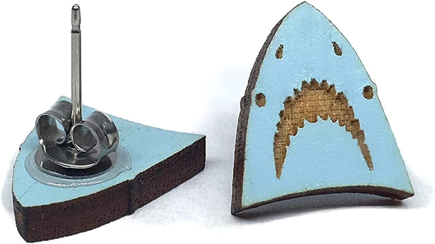 Animal Lover Fun Nature Stud Earrings, Handpainted Laser Cut Wood Earrings, Handmade in the USA by Shark