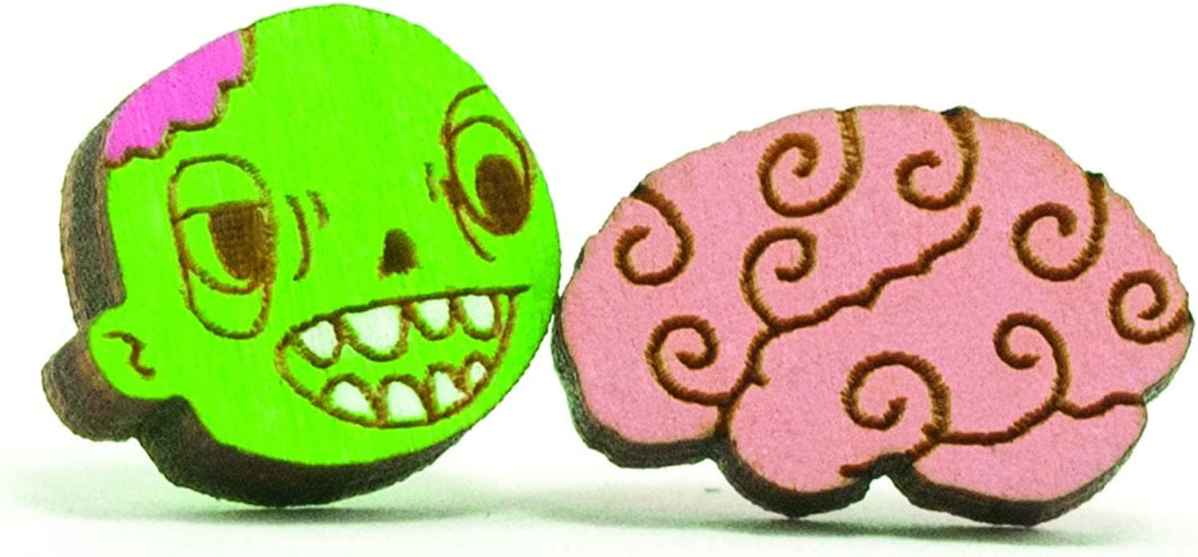 Animal Lover Fun Nature Stud Earrings, Handpainted Laser Cut Wood Earrings, Handmade in the USA by Zombie n' Brain (MisMatch)