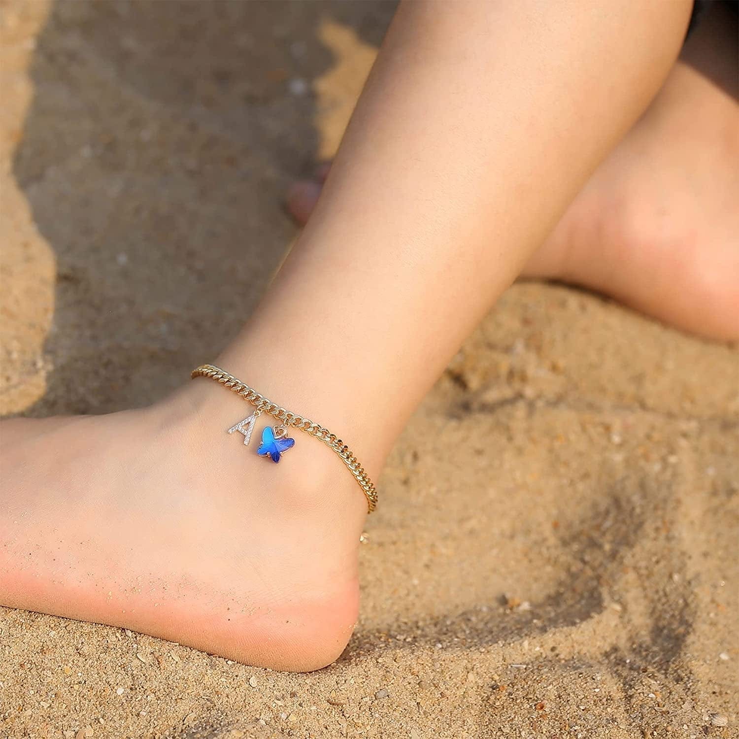 Ankle Bracelets for Women, 14K Gold Plated Initial Anklet for Women Cuban Link Anklets for Women Beautifui Butterfly Charm Anklet Beach Anklets Letter Anklet Foot Jewelry Apparel & Accessories > Jewelry > Anklets Anoup