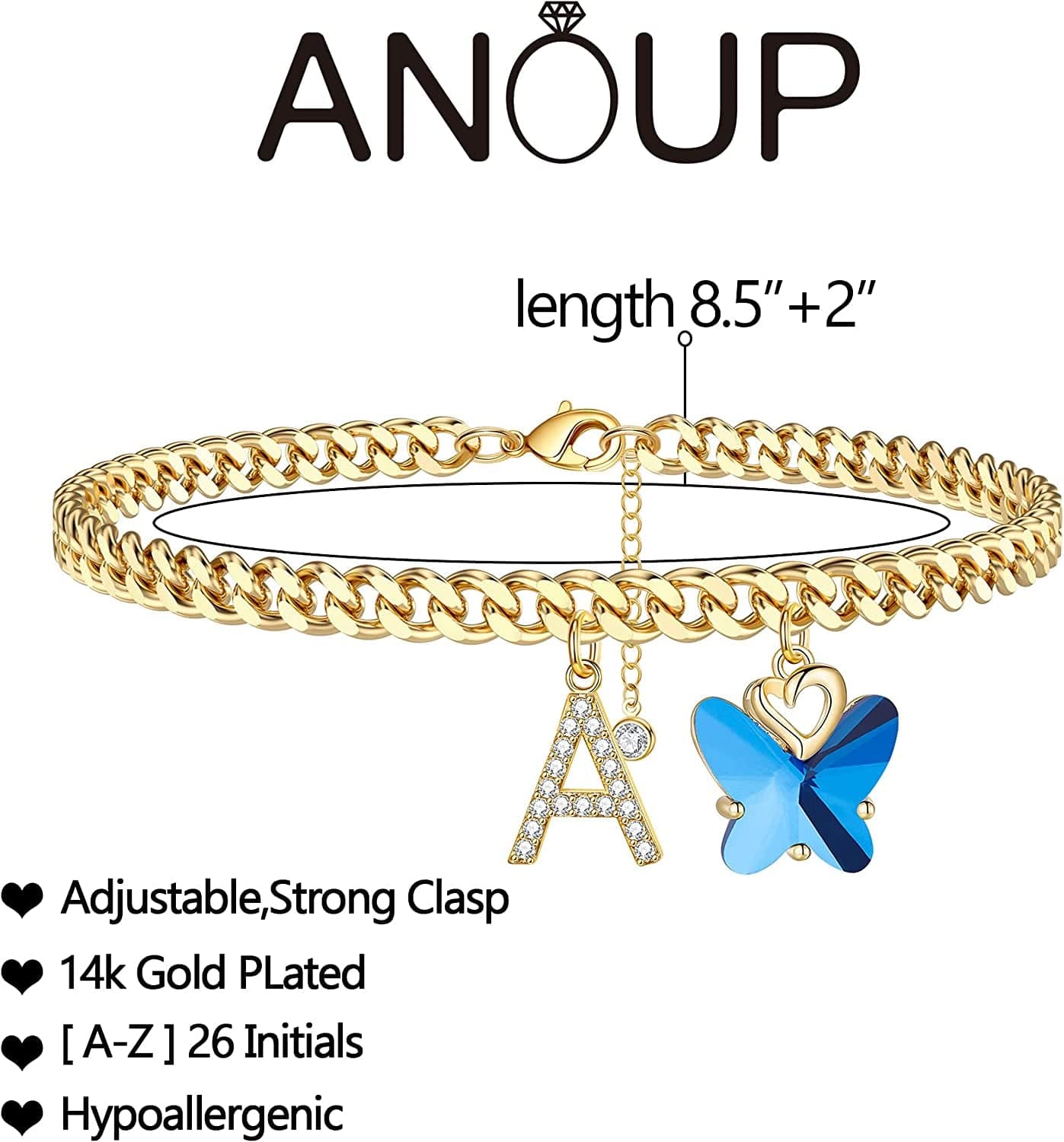Ankle Bracelets for Women, 14K Gold Plated Initial Anklet for Women Cuban Link Anklets for Women Beautifui Butterfly Charm Anklet Beach Anklets Letter Anklet Foot Jewelry Apparel & Accessories > Jewelry > Anklets Anoup