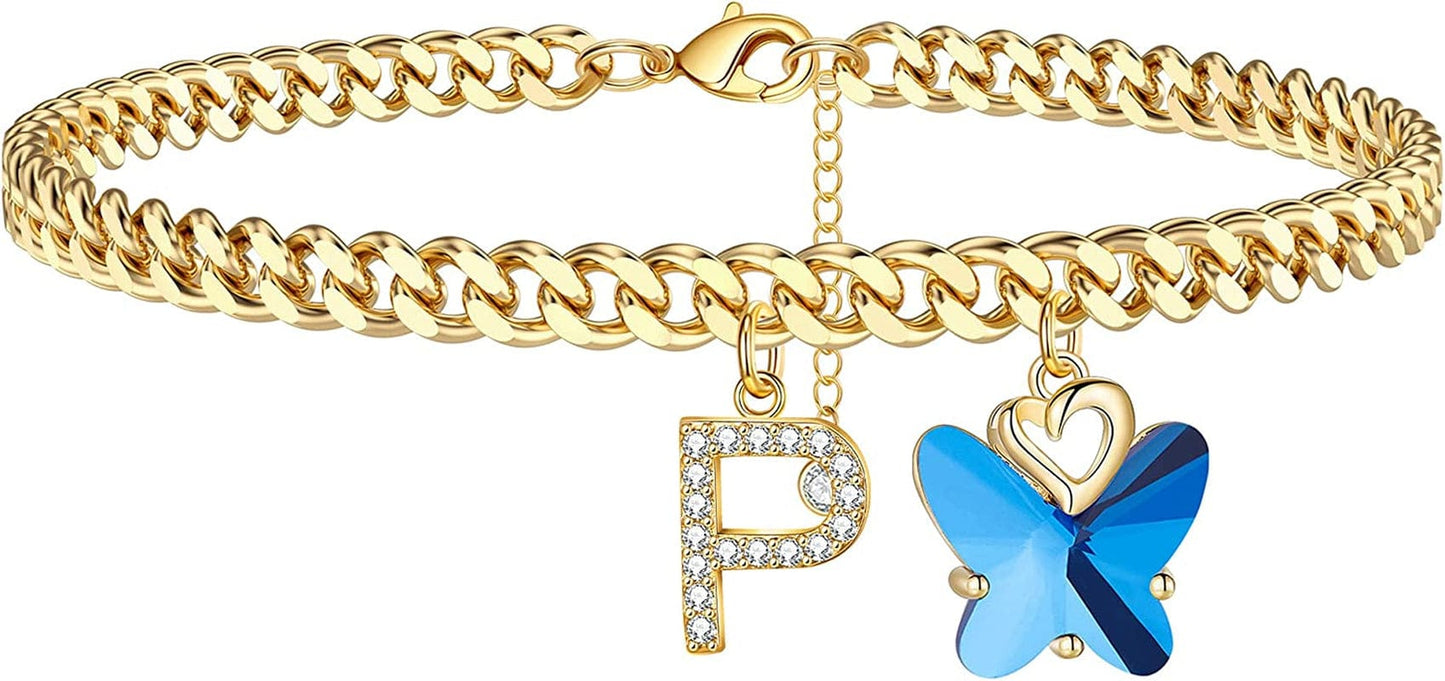 Ankle Bracelets for Women, 14K Gold Plated Initial Anklet for Women Cuban Link Anklets for Women Beautifui Butterfly Charm Anklet Beach Anklets Letter Anklet Foot Jewelry Apparel & Accessories > Jewelry > Anklets Anoup P