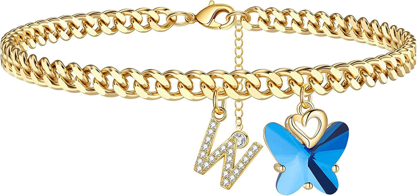Ankle Bracelets for Women, 14K Gold Plated Initial Anklet for Women Cuban Link Anklets for Women Beautifui Butterfly Charm Anklet Beach Anklets Letter Anklet Foot Jewelry Apparel & Accessories > Jewelry > Anklets Anoup W