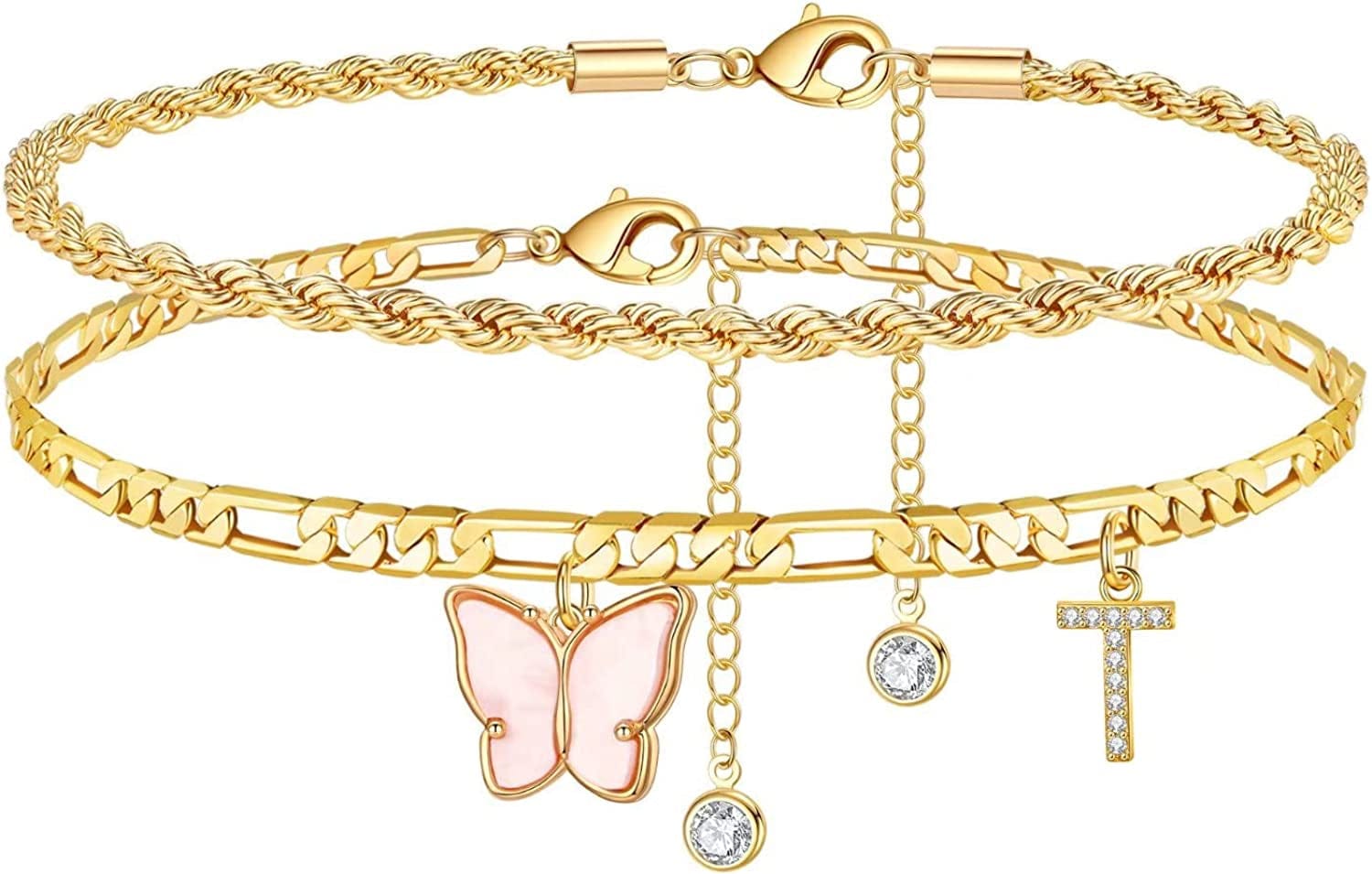 Ankle Bracelets for Women, Butterfly Anklet 14K Gold Plated Ankle Bracelet Layered Anklet for Women Initial Anklet Letter A-Z Gold Anklets for Women Teen Girls Foot Jewelry Gifts Apparel & Accessories > Jewelry > Anklets IEFSHINY T