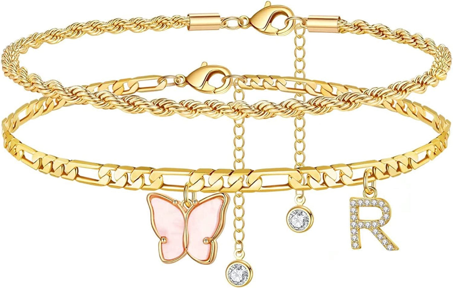 Ankle Bracelets for Women, Butterfly Anklet 14K Gold Plated Ankle Bracelet Layered Anklet for Women Initial Anklet Letter A-Z Gold Anklets for Women Teen Girls Foot Jewelry Gifts Apparel & Accessories > Jewelry > Anklets IEFSHINY R