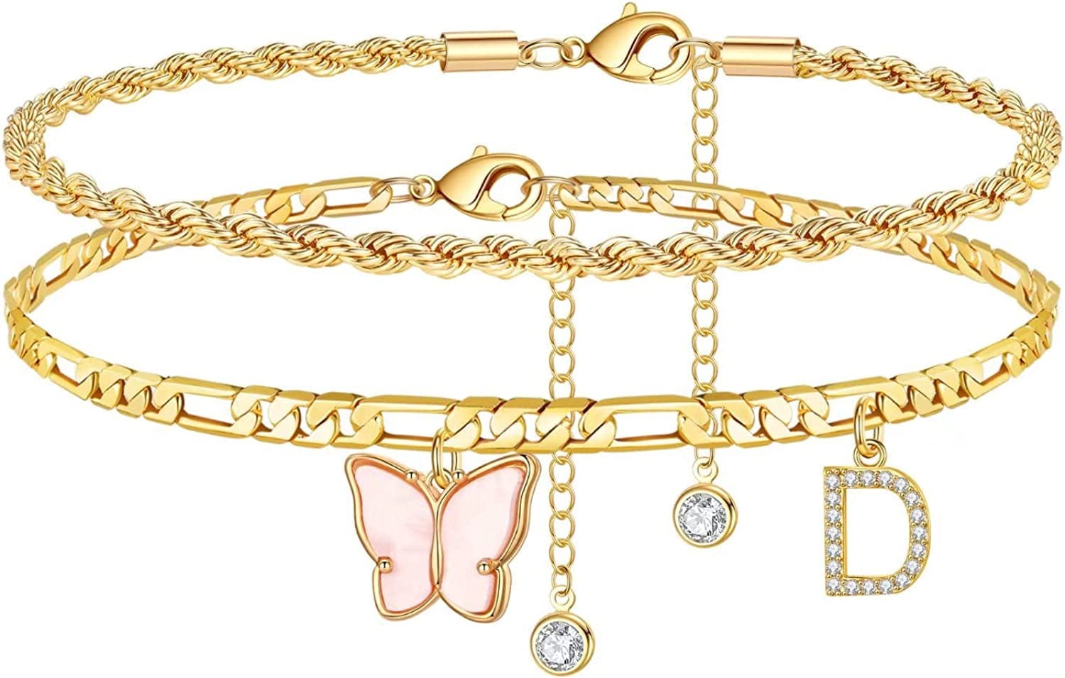 Ankle Bracelets for Women, Butterfly Anklet 14K Gold Plated Ankle Bracelet Layered Anklet for Women Initial Anklet Letter A-Z Gold Anklets for Women Teen Girls Foot Jewelry Gifts Apparel & Accessories > Jewelry > Anklets IEFSHINY D