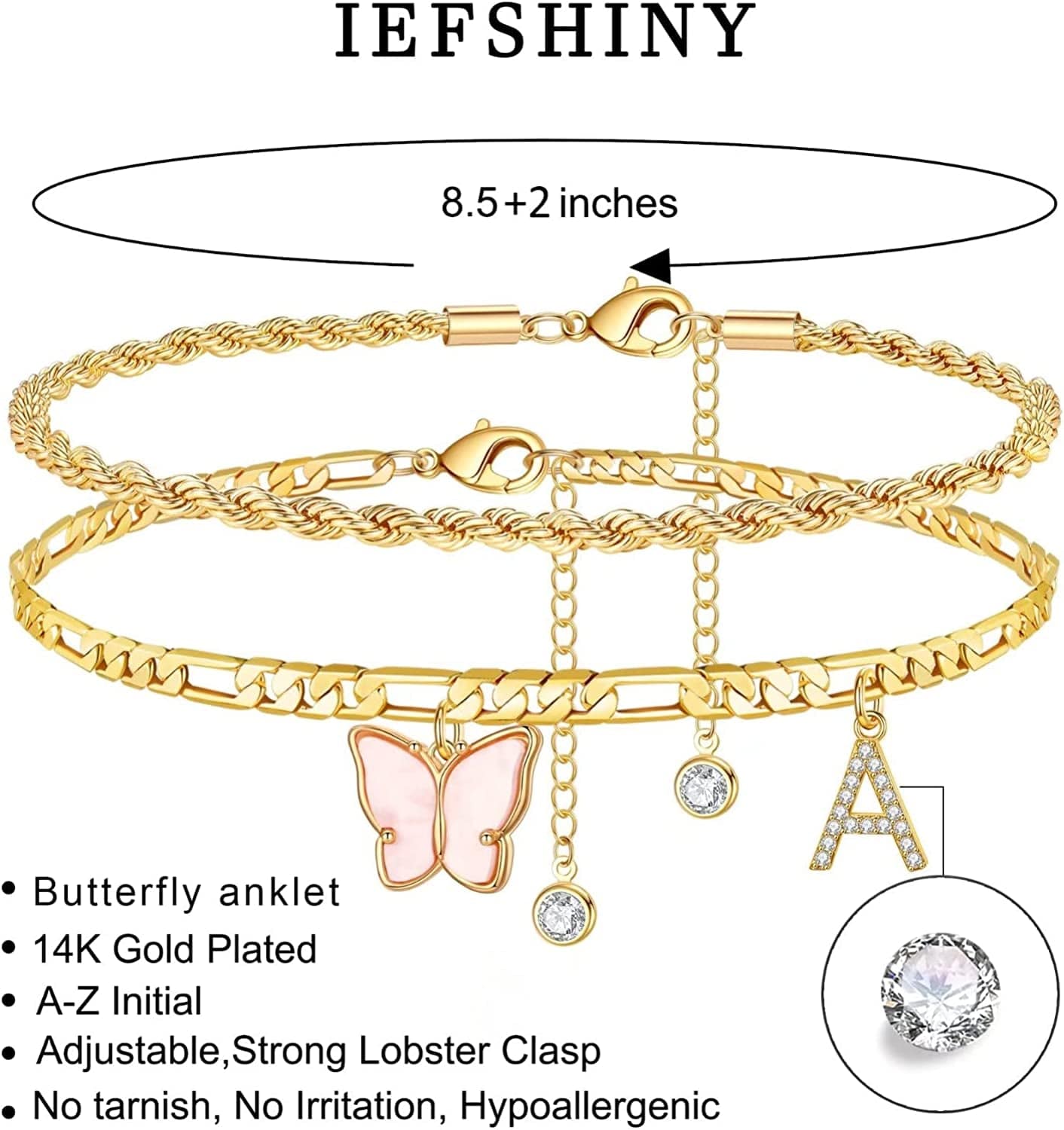 Ankle Bracelets for Women, Butterfly Anklet 14K Gold Plated Ankle Bracelet Layered Anklet for Women Initial Anklet Letter A-Z Gold Anklets for Women Teen Girls Foot Jewelry Gifts Apparel & Accessories > Jewelry > Anklets IEFSHINY