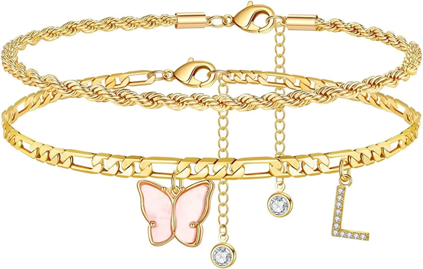 Ankle Bracelets for Women, Butterfly Anklet 14K Gold Plated Ankle Bracelet Layered Anklet for Women Initial Anklet Letter A-Z Gold Anklets for Women Teen Girls Foot Jewelry Gifts Apparel & Accessories > Jewelry > Anklets IEFSHINY L