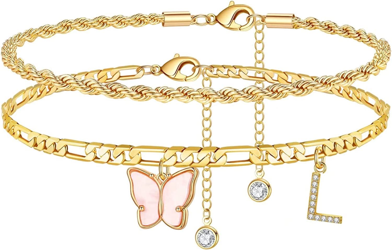 Ankle Bracelets for Women, Butterfly Anklet 14K Gold Plated Ankle Bracelet Layered Anklet for Women Initial Anklet Letter A-Z Gold Anklets for Women Teen Girls Foot Jewelry Gifts Apparel & Accessories > Jewelry > Anklets IEFSHINY L