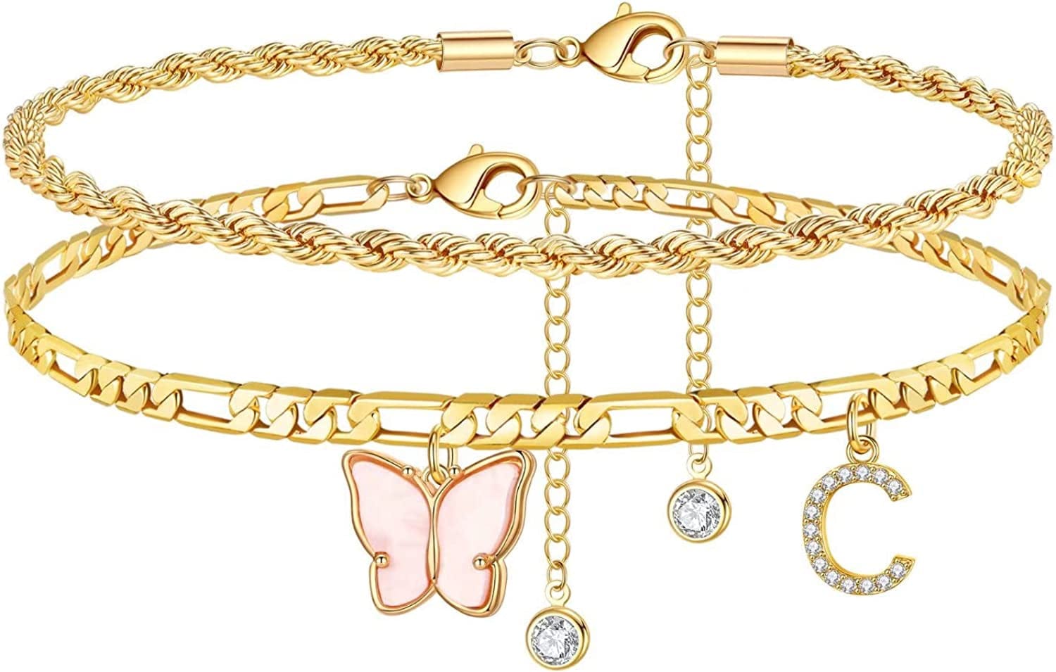 Ankle Bracelets for Women, Butterfly Anklet 14K Gold Plated Ankle Bracelet Layered Anklet for Women Initial Anklet Letter A-Z Gold Anklets for Women Teen Girls Foot Jewelry Gifts Apparel & Accessories > Jewelry > Anklets IEFSHINY C