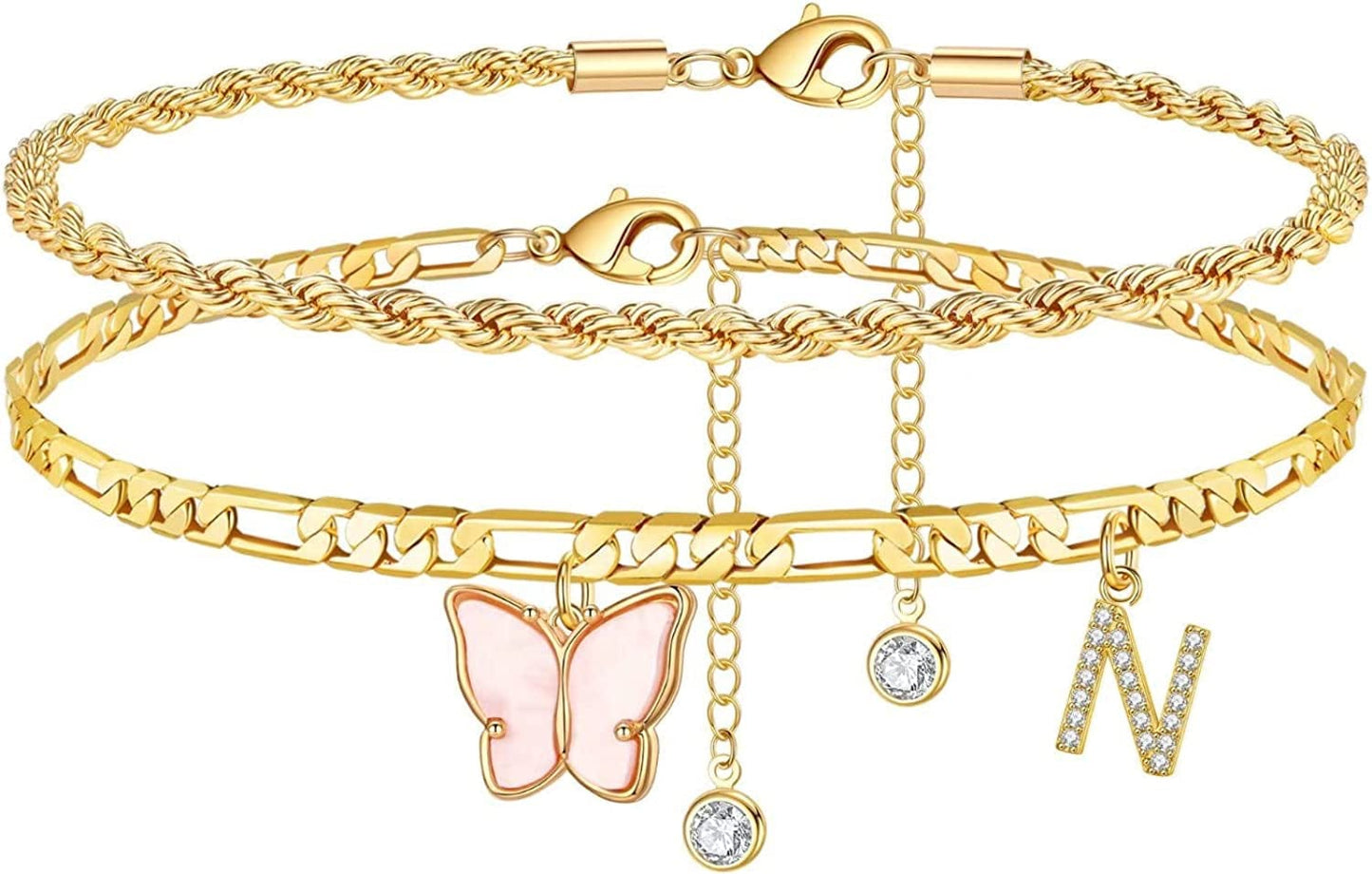 Ankle Bracelets for Women, Butterfly Anklet 14K Gold Plated Ankle Bracelet Layered Anklet for Women Initial Anklet Letter A-Z Gold Anklets for Women Teen Girls Foot Jewelry Gifts Apparel & Accessories > Jewelry > Anklets IEFSHINY N