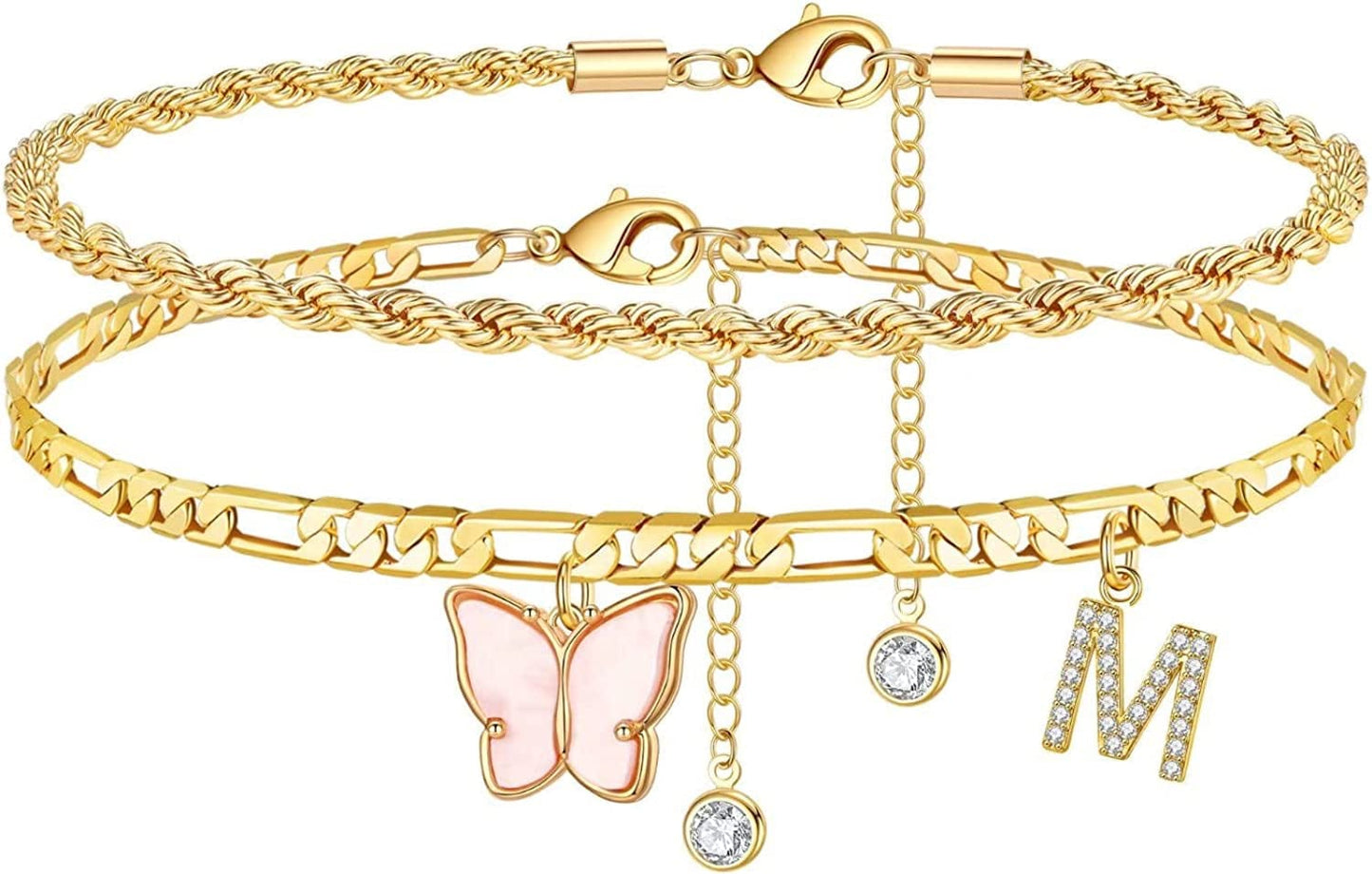 Ankle Bracelets for Women, Butterfly Anklet 14K Gold Plated Ankle Bracelet Layered Anklet for Women Initial Anklet Letter A-Z Gold Anklets for Women Teen Girls Foot Jewelry Gifts Apparel & Accessories > Jewelry > Anklets IEFSHINY M