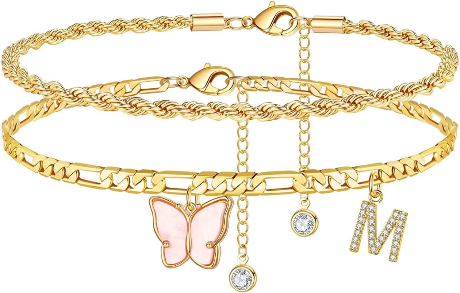 Ankle Bracelets for Women, Butterfly Anklet 14K Gold Plated Ankle Bracelet Layered Anklet for Women Initial Anklet Letter A-Z Gold Anklets for Women Teen Girls Foot Jewelry Gifts Apparel & Accessories > Jewelry > Anklets IEFSHINY M