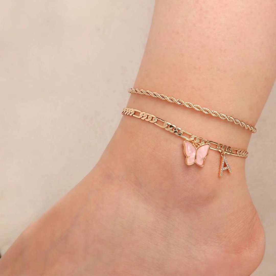 Ankle Bracelets for Women, Butterfly Anklet 14K Gold Plated Ankle Bracelet Layered Anklet for Women Initial Anklet Letter A-Z Gold Anklets for Women Teen Girls Foot Jewelry Gifts Apparel & Accessories > Jewelry > Anklets IEFSHINY